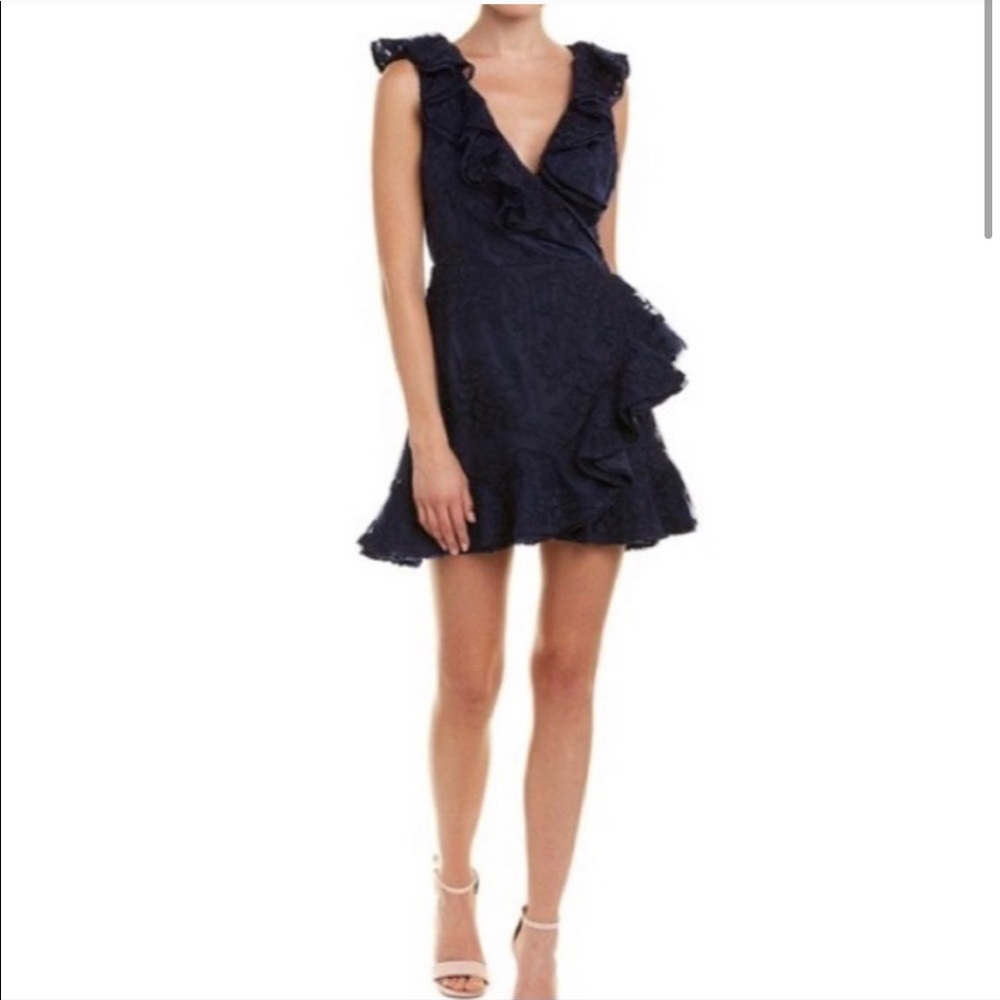 Lulu’s Harlow Navy Embroidered Ruffle Wrap Dress